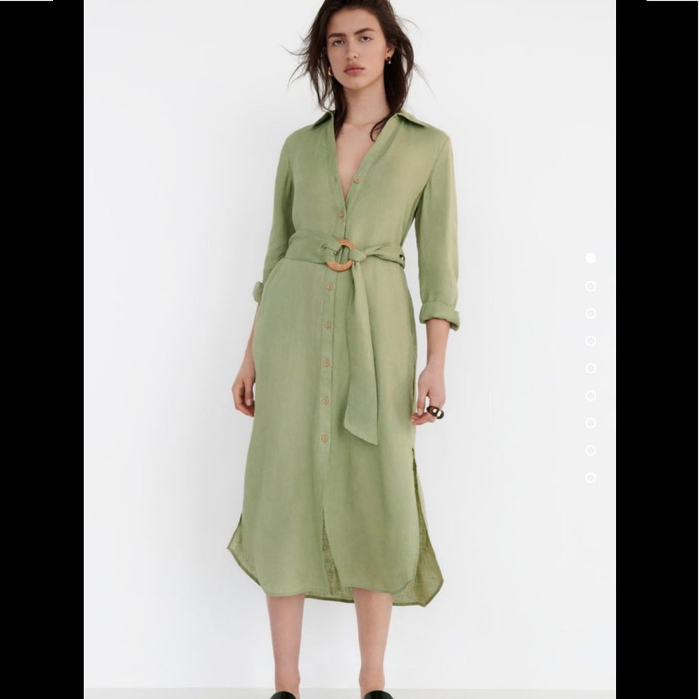 Zara Light Olive Green Button-Front Midi Shirt Dress, belt wooden buckle